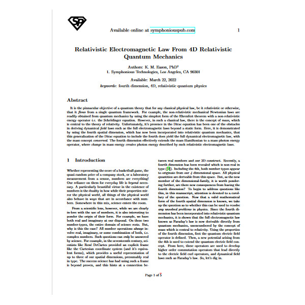 (*Free Digital Article) Relativistic Electromagnetic Law From 4D Relativistic Quantum Mechanics